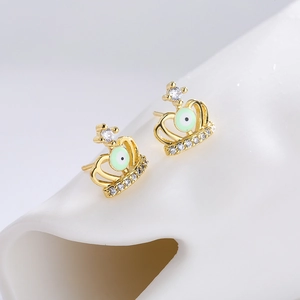 18K gold plated crown stud earrings with sparkling zircon and evil eye center design