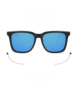 Close-up of trendy square sunglasses with glossy black frames and blue reflective lenses
