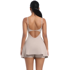 Detail view of backless athletic tennis dress with adjustable straps and shorts