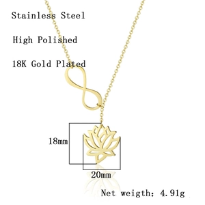 Polished 18K gold-plated stainless steel lotus pendant necklace with infinity symbol detail