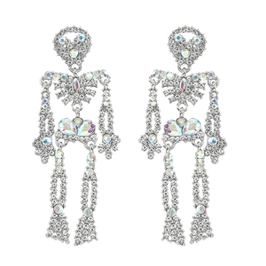 Skeleton drop earrings with colorful AB rhinestones and gothic silver metal frame
