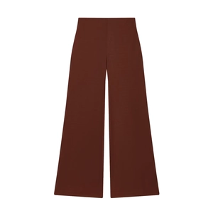 Flat lay of high-waisted dark brown wide-leg trousers in structured fabric with clean waist