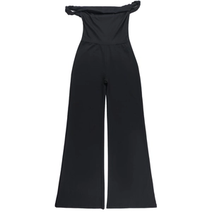Detailed flat lay of black off-shoulder jumpsuits with slim fit tailored waist and long pants