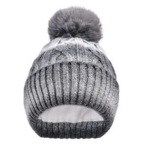 Detailed view of gray gradient knit hat featuring thick cable texture and faux fur pompom