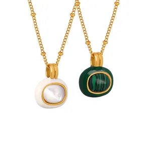 Vintage Palace Style Titanium Steel Gold Plated Necklace Malachite Shell Geometric Pendant For Women