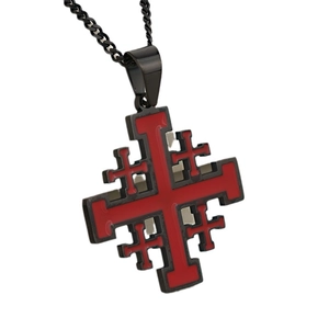 Men's hip hop Jerusalem cross necklace in black stainless steel with red enamel inlay