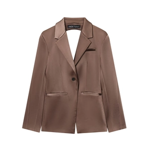 Brown satin blazer suit set featuring back slit and smooth glossy finish fabric