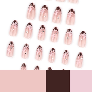 French brown leopard almond fake nails with pink flowers and silver rhinestones