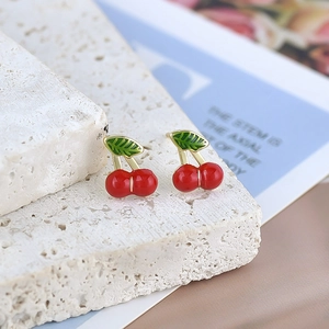 Charming S925 silver needle cherry earrings with red enamel and green leaves