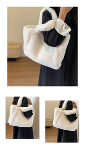 Detail view of a premium fluffy white faux fur tote bag showing thick plush texture and large capacity