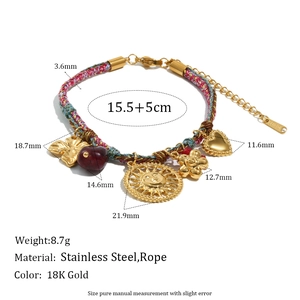 Bohemian 18K gold plated stainless steel sun pendant bracelet with colorful braided cord