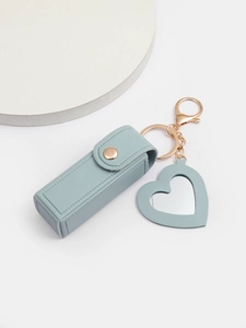 Blue PU leather lipstick case keychain with heart mirror and golden metal clasp details