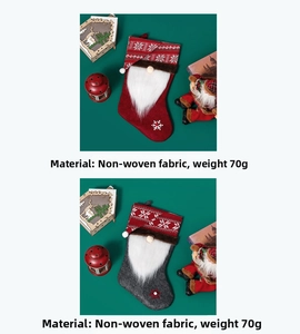 Detail of gnome Christmas stockings with snowflake embroidery and plush faux fur beard