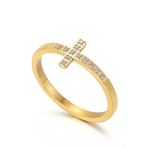 Bague Croix Acier Inoxydable Zircon Micro Sertie Finition Brossée Bijoux Mode Pour Femmes