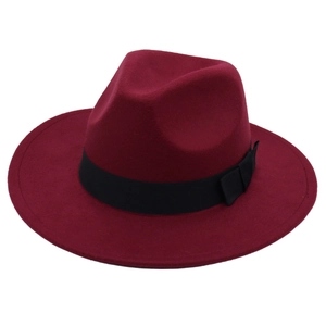 Classic burgundy wool felt fedora hat with black ribbon band and side bow decoration