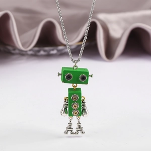Detailed punk robot necklace pendant with movable limbs in green and bronze finish