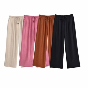 Women's pleated wide-leg trousers in four colors with drawstring elastic waist and texture
