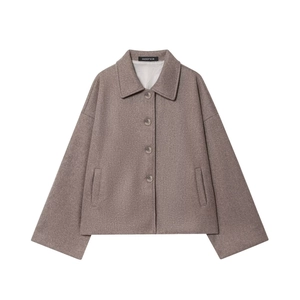 Women's taupe minimalist short wool jacket with lapel collar and button closure