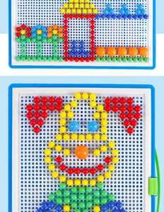 Colorful 592pcs mushroom nail puzzle board showing DIY castle and clown patterns