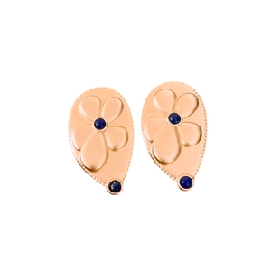 Vintage gold waterdrop flower earrings with deep blue beads in a matte finish