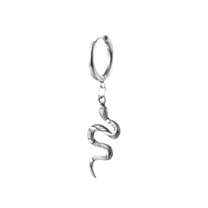 Titanium steel silver hoop earring featuring a detailed hanging snake pendant for unisex