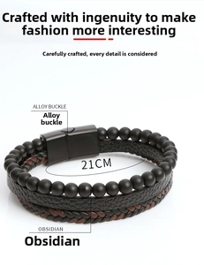 Detail view of multilayer leather bracelet with obsidian beads and alloy magnetic clasp