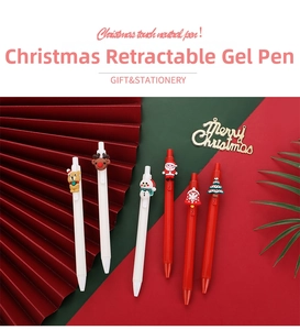 Close-up of six Christmas gel pens with 3D silicone Santa, reindeer, and snowman charms