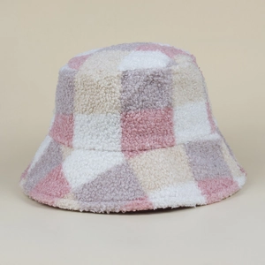 Chapeau bob en polaire à carreaux rose et violet pour femme, idéal pour l'hiver