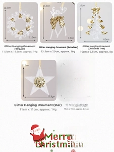 Detailed view of translucent acrylic Christmas ornaments with gold glitter and dimensions