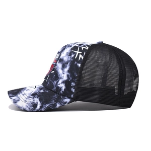 Vintage baseball cap with black and white tie-dye front panel and breathable mesh back