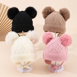 Kids Baby Winter Knit Earflap Hat Fleece Lined Double Pom Pom Warm Windproof Diamond Pattern Outdoor Beanie For Toddler