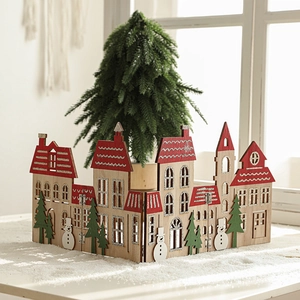 Christmas Wooden Folding Village Houses Ornament Snowman Tree Decor For Desktop Window Display Holiday Party Decoration