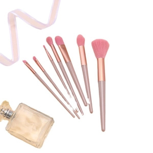 8-piece nude pink makeup brush set with soft pink bristles on a clean white background