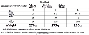 Size chart for women's khaki asymmetrical top and trousers set showing fabric and dimensions
