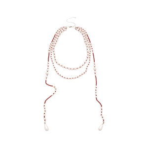 Three-layer pearl necklace with red crystal beads and a teardrop pendant for women