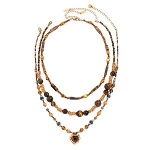 Bohemian multi-layer necklace with tiger eye beads and golden heart pendant