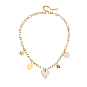 Golden heart necklace with sun, star, cherry and cross charms on a dainty chain
