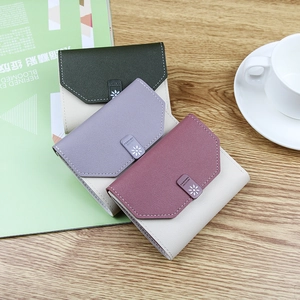 Three-fold contrast color women's wallets in PU leather with daisy buckle detail