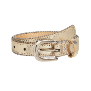 Golden children belt with silver star pattern and beaded edges on a white background