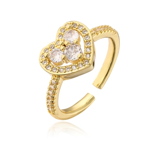 Elegant gold heart ring with white cubic zirconia crystals and adjustable open band