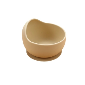 Beige silicone snail suction bowl for baby feeding with spill-proof design