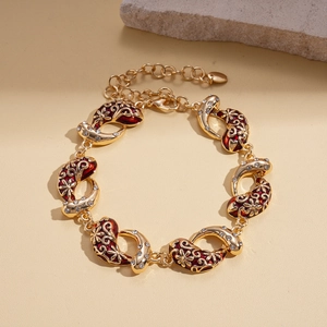 Detail view of gold floral enamel links with small white zircons and adjustable chain