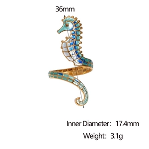 Creative seahorse open ring in 18k gold finish with colorful enamel details and measurements