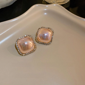 Elegant gold square stud earrings with pink cat eye stone and zircon crystals