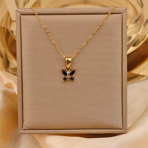 18K gold plated titanium necklace featuring a black zircon butterfly pendant on silk