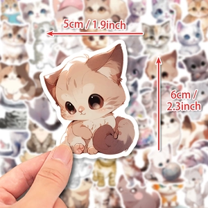 50 pieces of cute watercolor cat stickers for laptops showing 5x6cm size dimensions