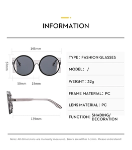 Detailed size chart for square round sunglasses with PC frame measurements and specifications
