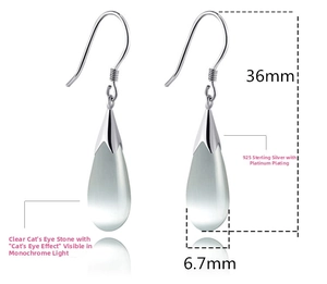 Close-up of S925 sterling silver ear hooks with 36mm teardrop cat eye stone details