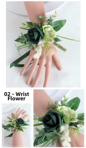 Detail of a dark green PE rose wrist corsage with berries and silk ribbons for weddings