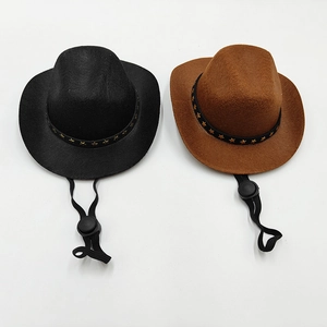 Top view of mini felt cowboy hats in black and brown with adjustable chin straps